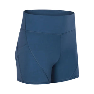Women's high waisted athletic fitness shorts with two side pockets in various colors