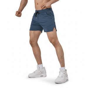 Men's sports fitness casual shorts in black, gray, navy blue, and red polyester fabric
