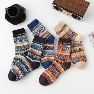 Vintage ethnic-style men's wool winter socks in assorted color block patterns
