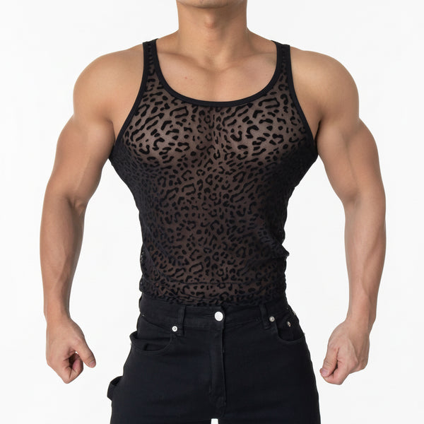 LEOPARD PRINT CUTOUT SEE-THROUGH SLEEVELESS VEST FOR MEN