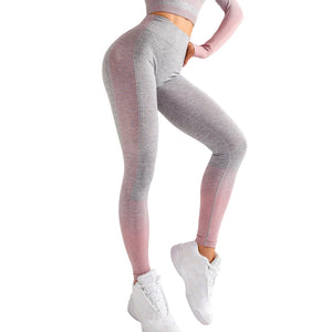 Women's high waist seamless yoga leggings in pink, grey, and orange colors
