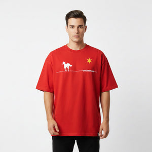 Warhorse print casual short-sleeve t-shirt in black, white, and red colors