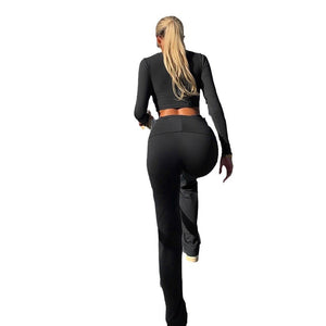 Women's solid color fitness yoga two-piece set with round neck top and bootcut trousers in dark gray, black, and light gray