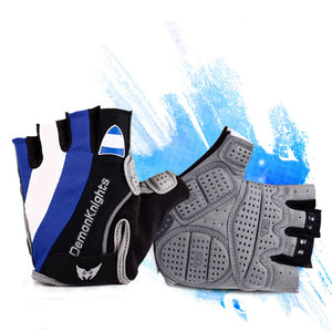 Summer half finger riding gloves in pampas storm blue color showing breathable mesh and microfiber materials