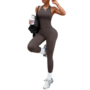 Brown yoga tank top and workout pants set for women