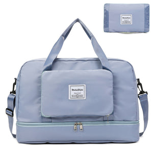 Foldable travel duffel bag in multiple colors with shoe storage and multiple pockets