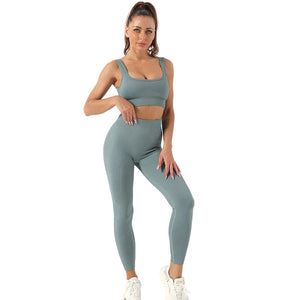 Seamless yoga set with high waist leggings and matching bra in various colors