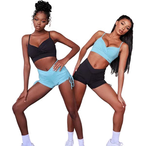Women's yoga fitness two-piece set in pink, black, and blue colors
