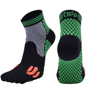 Moisture-wicking running socks in various colors and tube heights for men and women