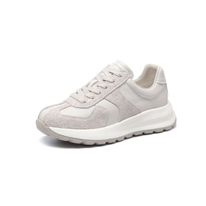 Women's casual lace-up dad shoes in white and beige with genuine leather upper and foam rubber sole