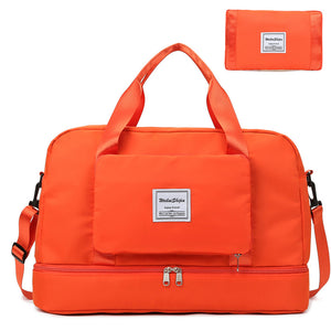 Foldable travel duffel bag in multiple colors with shoe storage and multiple pockets