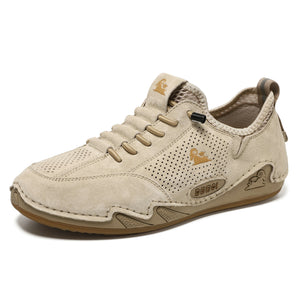 Men's breathable low-top casual shoes in gray and sand colors with pigskin upper and rubber sole