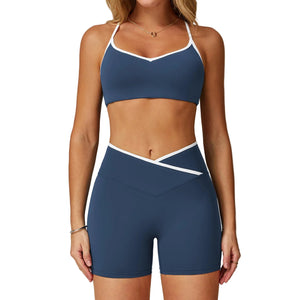 Cross high-waist sports set for women in multiple colors showing bra and shorts combination