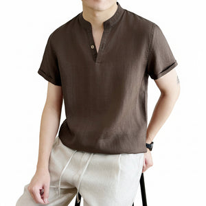 Men's V-neck loose fit breathable short sleeve linen shirt in various colors