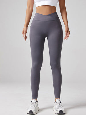 Women's V-waist elastic sports leggings in black, gray, and army green colors