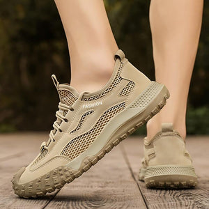 Men's breathable mesh work sneakers with tire pattern rubber soles in gray and khaki