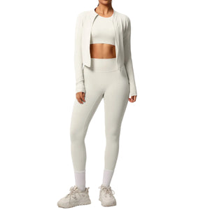 Breathable form-fitting women's workout three-piece activewear set in various colors