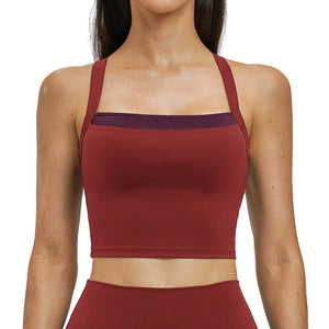 Fake two-piece contrast color crossed back sport bra in multiple colors