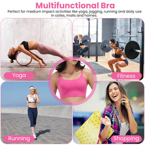 Women's strappy padded sport bra with square neckline and removable pads