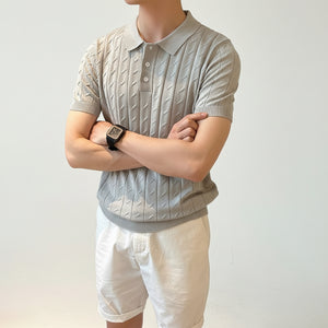 Men's summer striped short-sleeve polo shirt in black, white, gray, and green colors