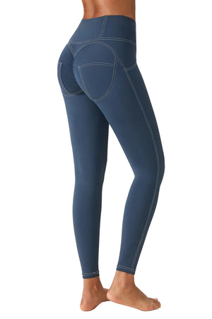 Pleated high waist sports leggings with vibrant all-over print in grey, blue, and green colors
