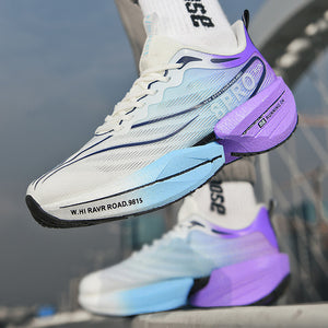 Carbon-plate shock-absorbing running shoes in multiple colors with breathable mesh and rubber outsole
