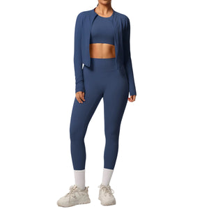 Breathable form-fitting women's workout three-piece activewear set in various colors