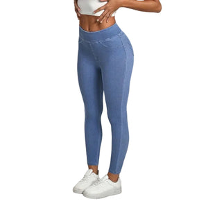 High waist slimming sports pants with double pockets in light blue, dark blue, and black colors