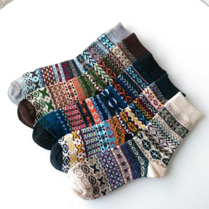 Vintage ethnic-style men's wool winter socks in assorted color block patterns