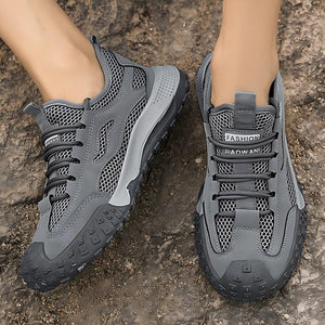 Men's breathable mesh work sneakers with tire pattern rubber soles in gray and khaki