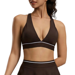 Women's tight yoga sports bra with deep V neck and stylish back design in multiple colors