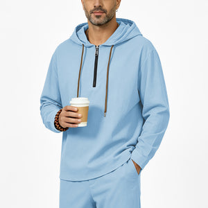Men's linen hooded half-zip sweatshirt in various colors and sizes