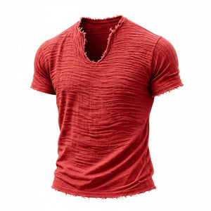 Retro cotton-linen v-neck t-shirt with feathered hem in various colors