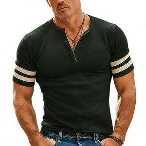 Men's striped slim-fit polyester t-shirt in blue and green, short sleeve casual top