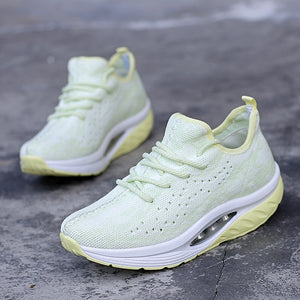 Women's breathable flyknit athleisure shoes in multiple colors with rubber sole and air cushion