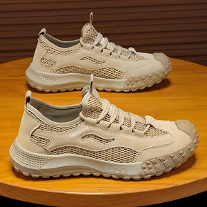 Men's breathable mesh work sneakers with tire pattern rubber soles in gray and khaki