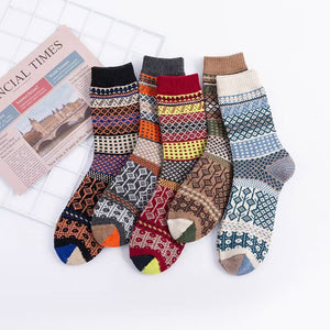 Vintage ethnic-style men's wool winter socks in assorted color block patterns