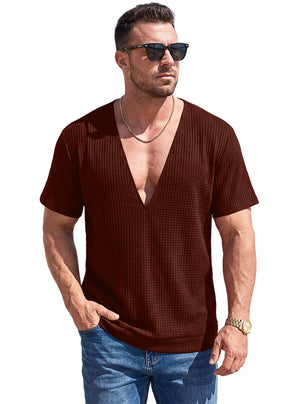Mens waffle weave deep V short sleeve t-shirt in navy blue