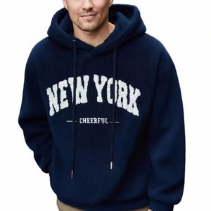 Men's casual sporty hooded sweatshirt available in gray, khaki, black, and navy blue colors
