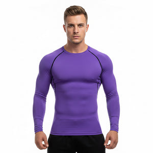 Men's long sleeve compression athletic shirt in purple with contrast raglan seams