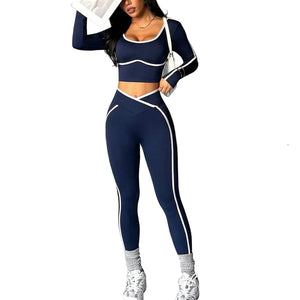 Color-block U-neck backless long-sleeve yoga set with crossed-waist tight pants in various colors