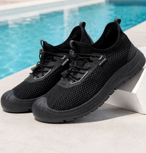 Men's summer mesh breathable slip-on sneakers in black, gray, and khaki