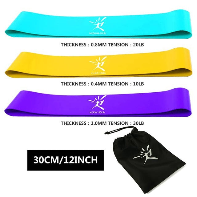 Set of three resistance fitness bands with storage bag
