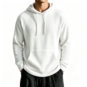 Men's relaxed-fit waffle knit hooded jacket in navy blue with raglan sleeves