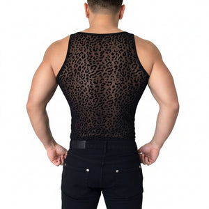 Black leopard print cutout see-through sleeveless vest for men