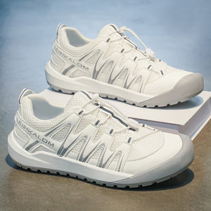Men's lightweight breathable mesh summer sneakers in black, white gray, and silver blue
