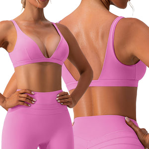 Women's deep V neck padded sports bra with removable pads in multiple colors
