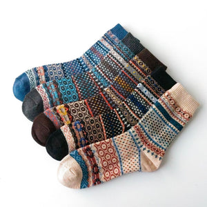 Vintage ethnic-style men's wool winter socks in assorted color block patterns