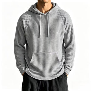Men's relaxed-fit waffle knit hooded jacket in navy blue with raglan sleeves