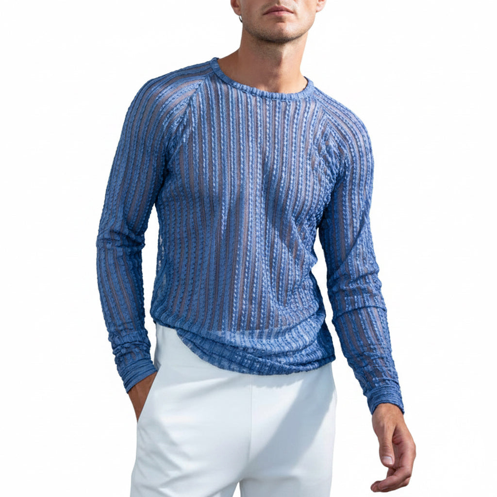 Men's blue textured striped loose-fit long-sleeve t-shirt